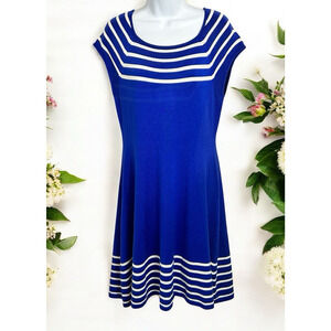 Eliza J Blue Sweater Sheath Dress Sz M Striped Knee Length Stretch Coastal